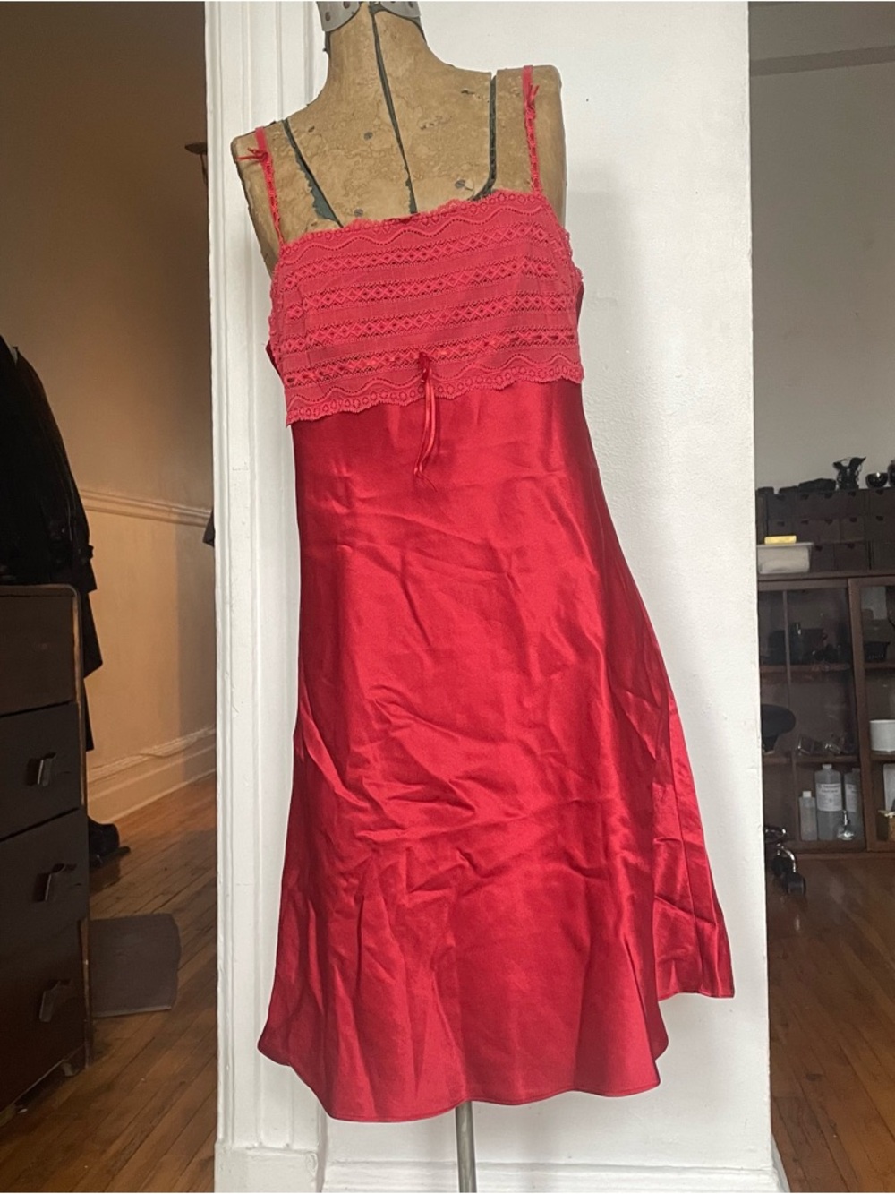 Red Satin Slip Dress with Lace Bodice